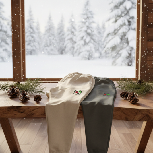 Cozy cabin joggers mockup with pine cones and snow