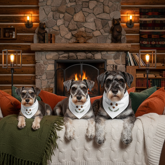 Cozy cabin mockup with Miniature, Standard, and Giant Schnauzers wearing bandanas