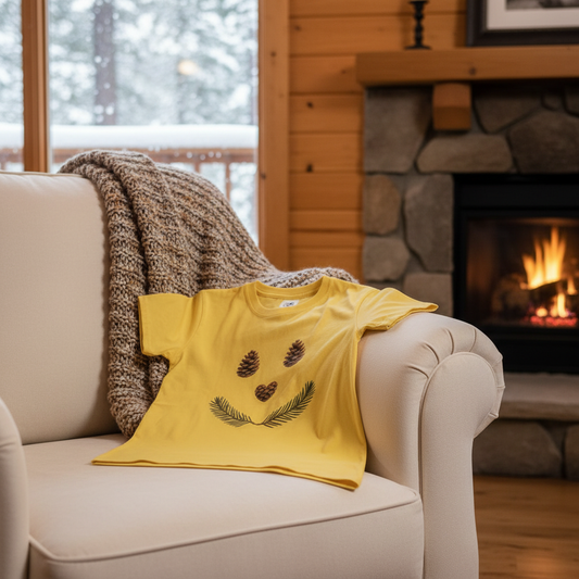 Cozy chair cabin mockup with pinecone smiley face t-shirt