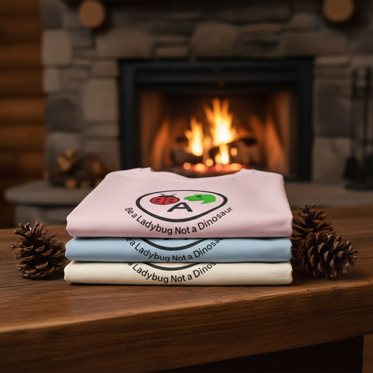 Neatly folded tees by fireplace with pine cones