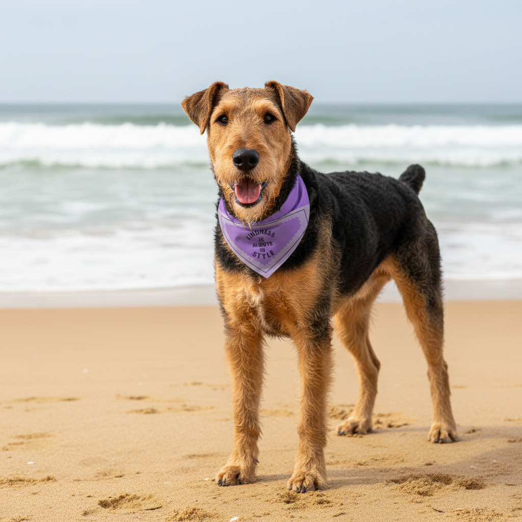 Airedale Terrier with bandana at beach