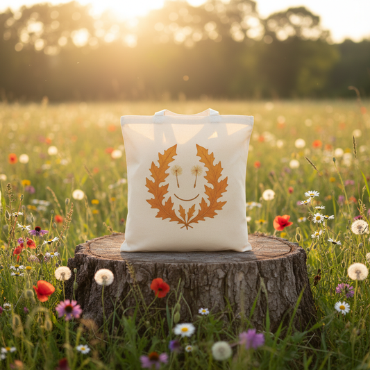 Autumn leaf tote on tree stump