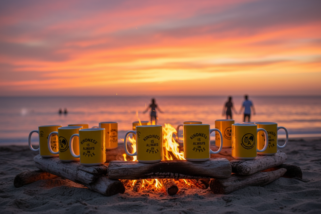 Beach bonfire sunset with Kindness mugs and people in water