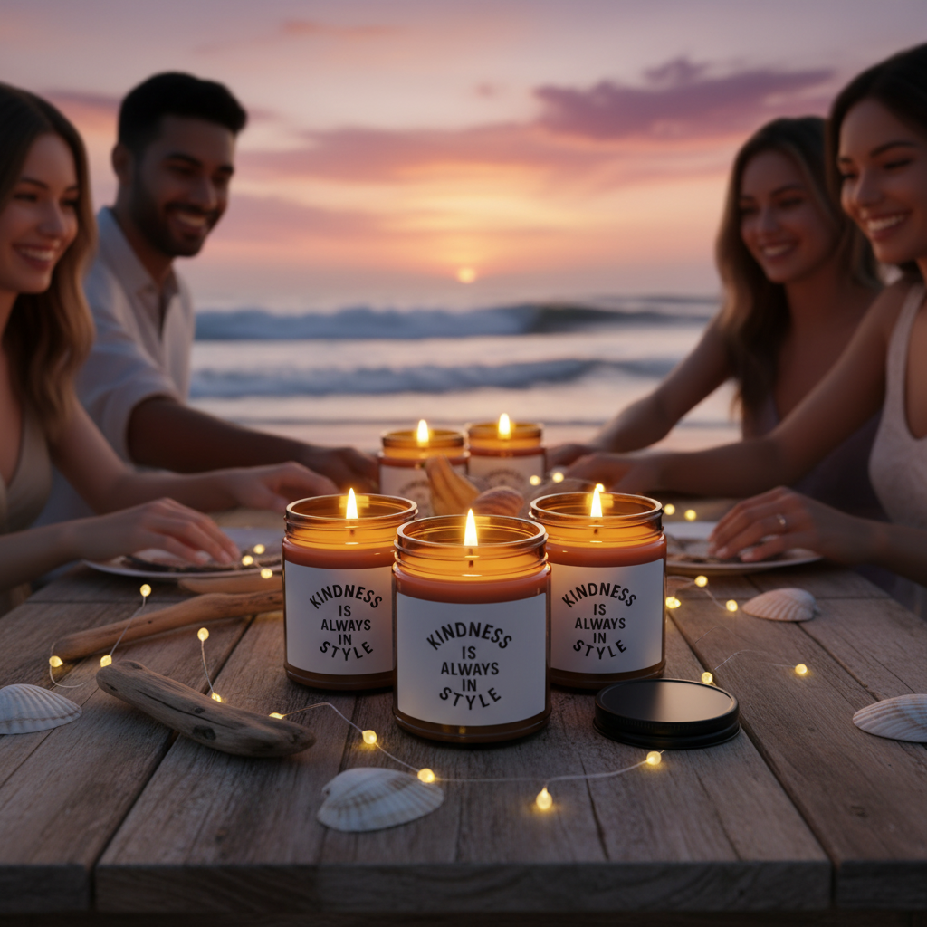 Beach gathering with featured candle label