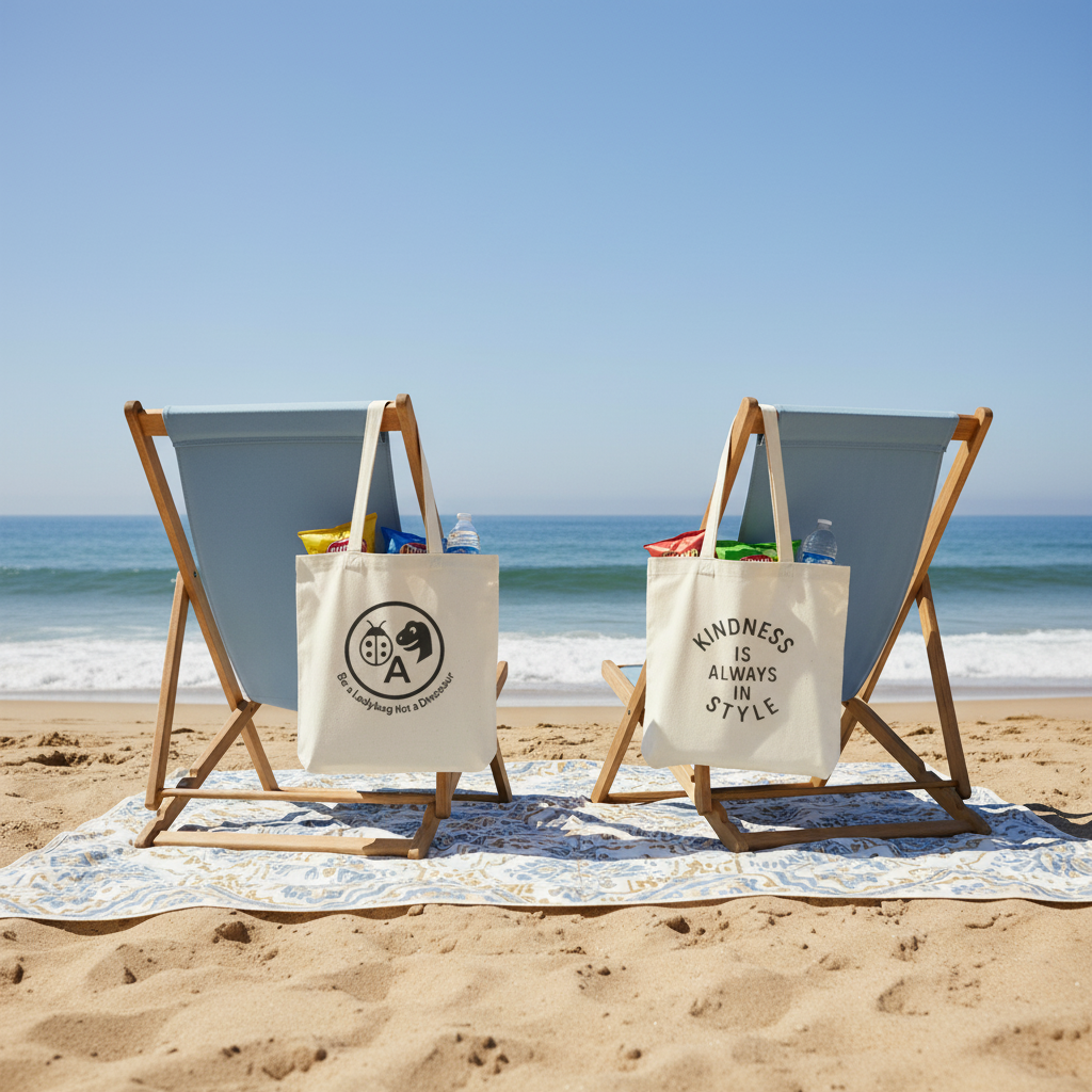 Beach picnic blanket with tote bags on chairs