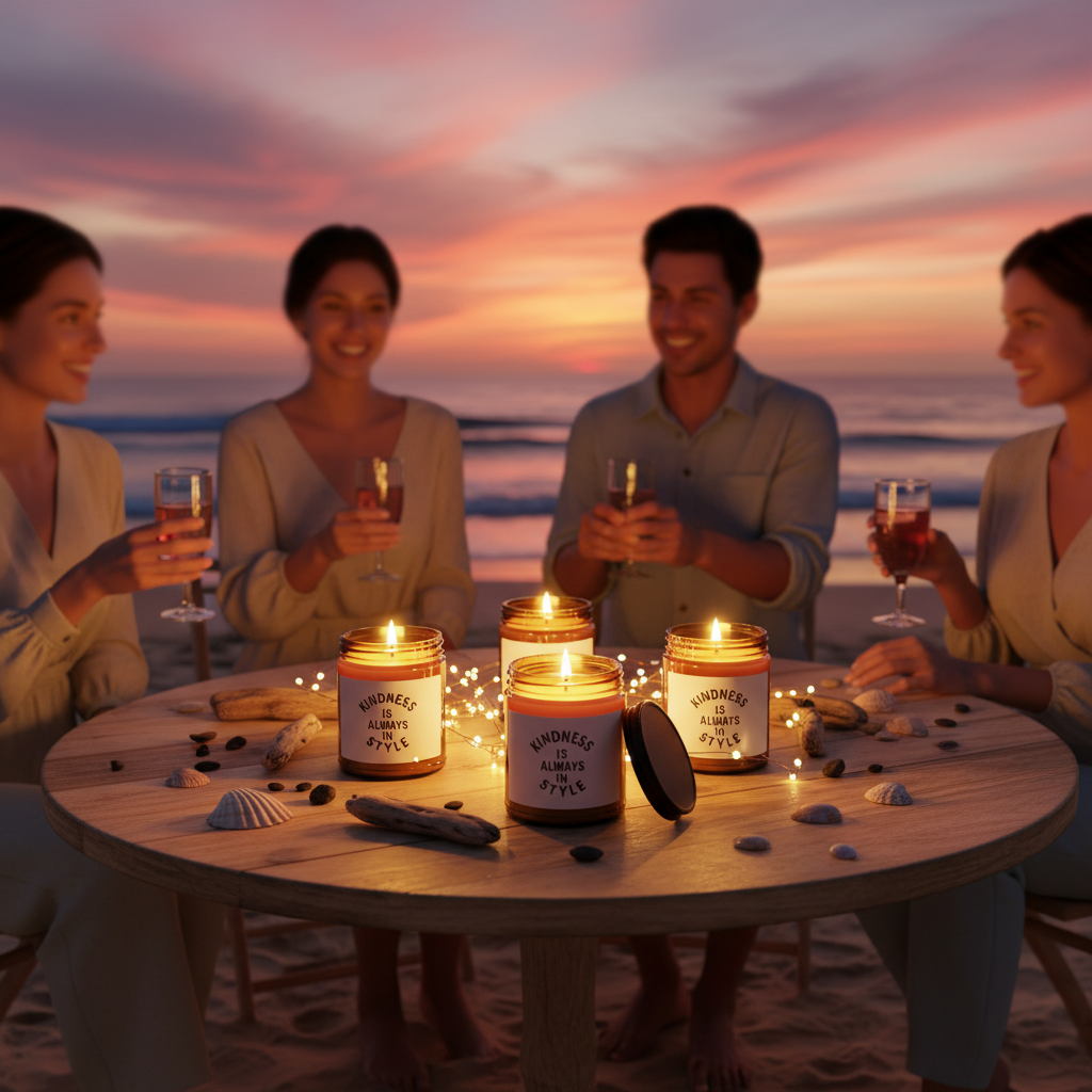 Beach sunset gathering with candles - square