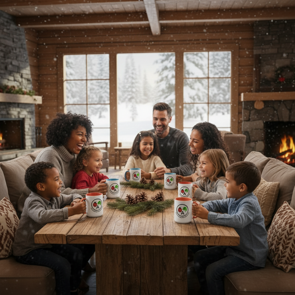 Blended family in cozy cabin with mugs and pine props