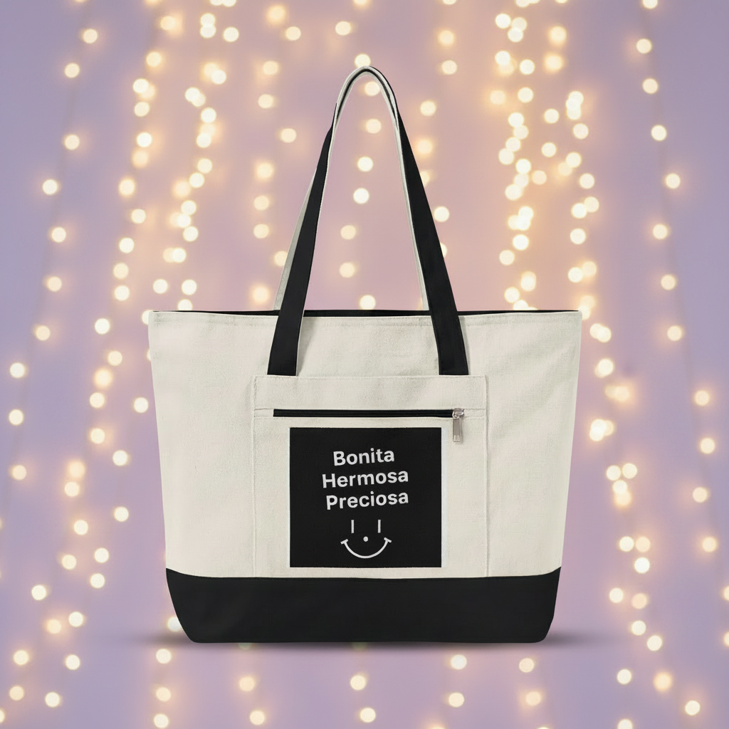 Bonita Hermosa Preciosa Tote – Black, Lavender String Lights Mockup