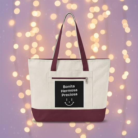 Bonita Hermosa Preciosa Tote – Maroon, Lavender String Lights Mockup