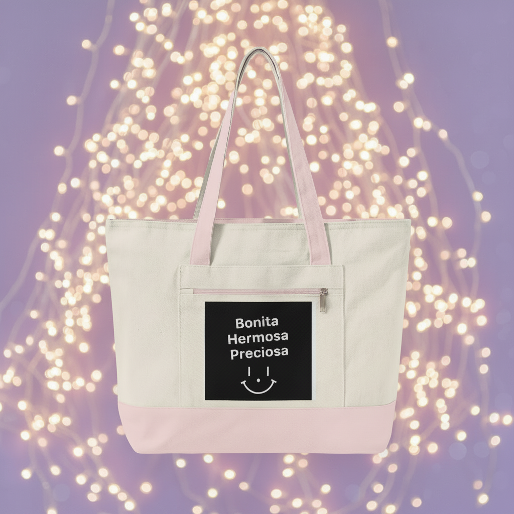 Bonita Hermosa Preciosa Tote – Pink, Lavender String Lights Mockup
