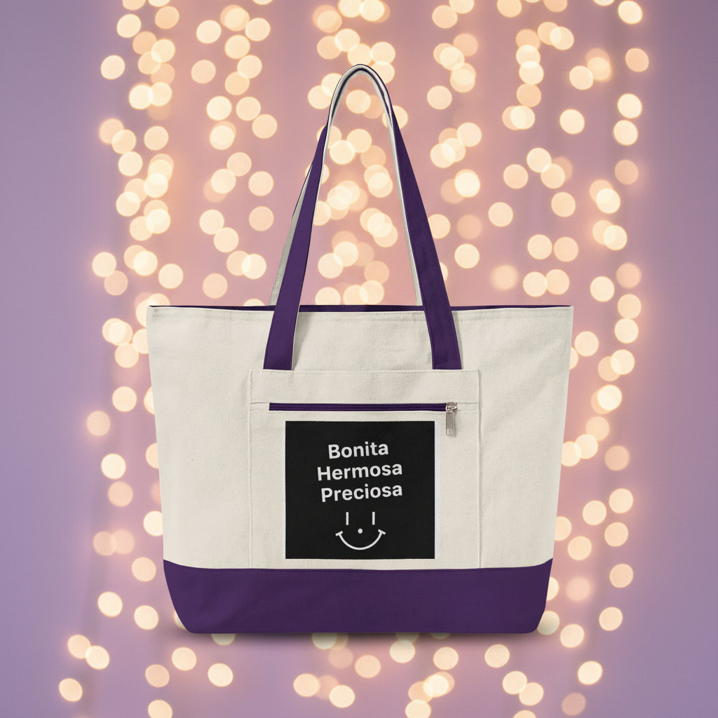 Bonita Hermosa Preciosa Tote – Purple, Lavender String Lights Mockup