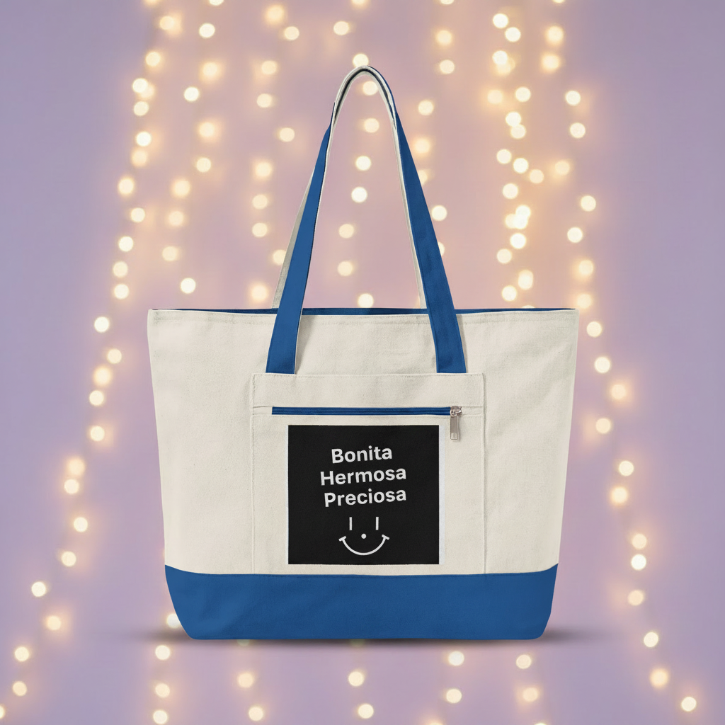 Bonita Hermosa Preciosa Tote – Royal Blue, Lavender String Lights Mockup