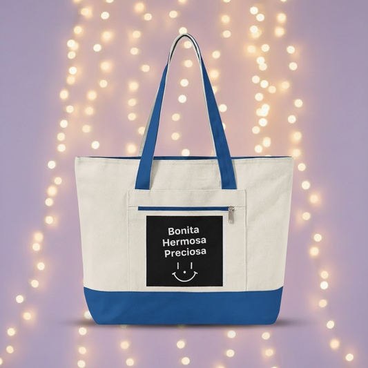Bonita Hermosa Preciosa Tote – Royal Blue, Lavender String Lights Mockup
