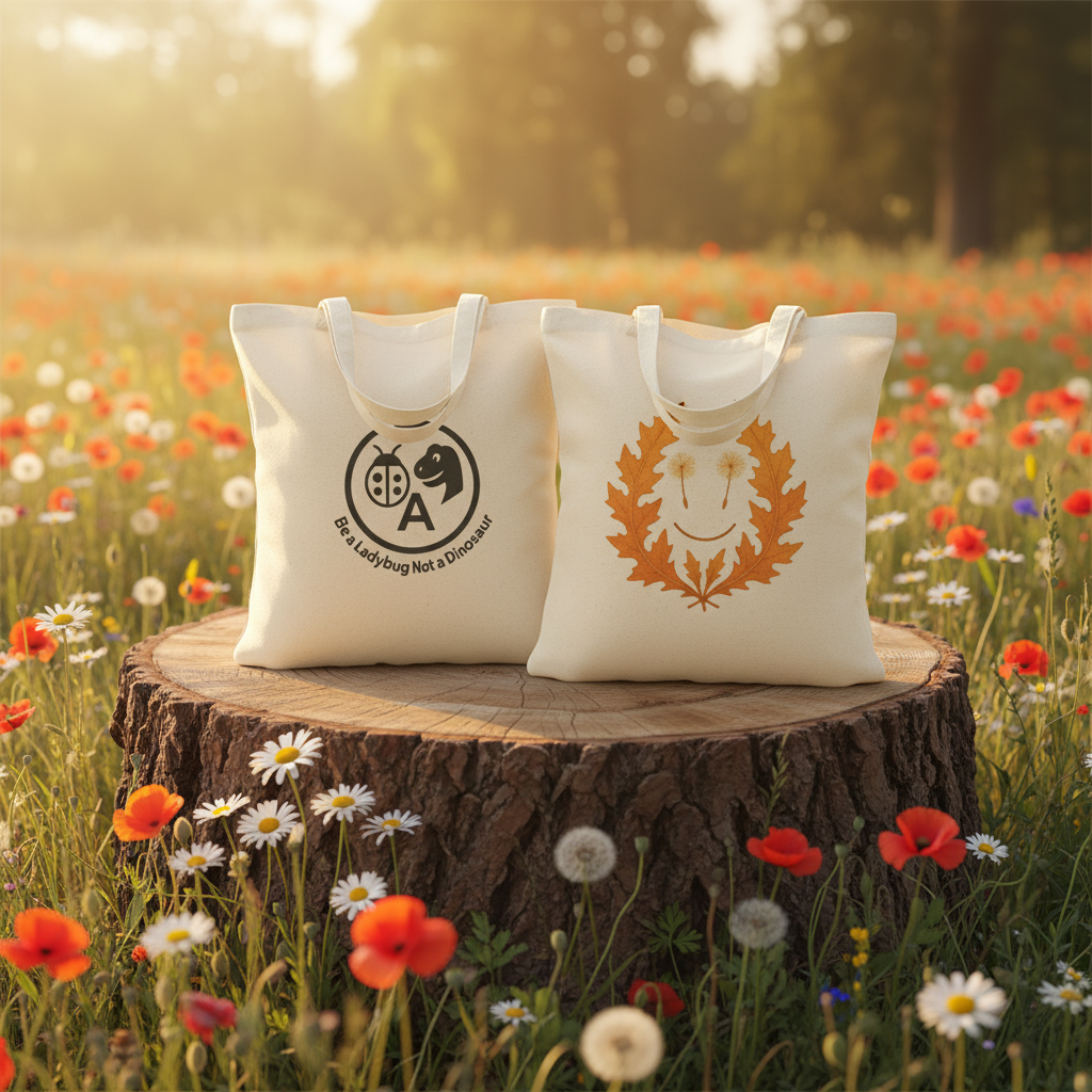 Both tote bags on tree stump