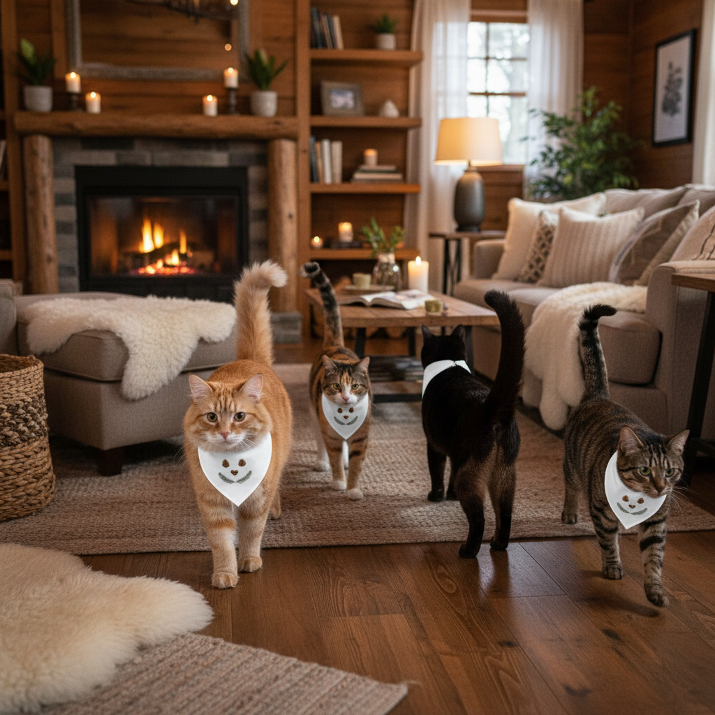 Cats walking around cabin wearing bandanas on their backs