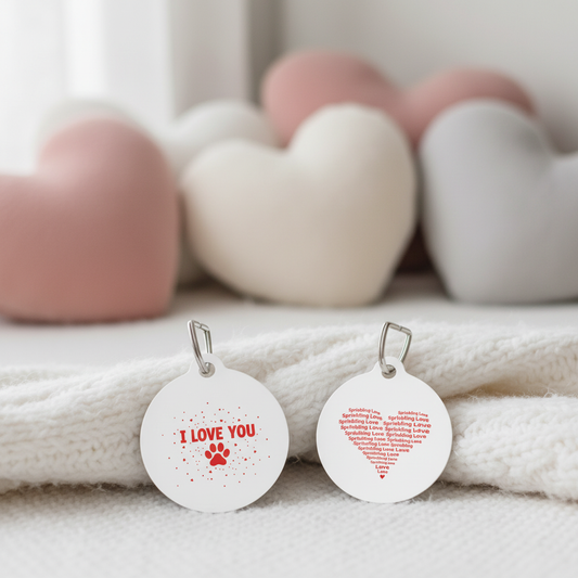 Close-up dog tags with heart-shaped pillows