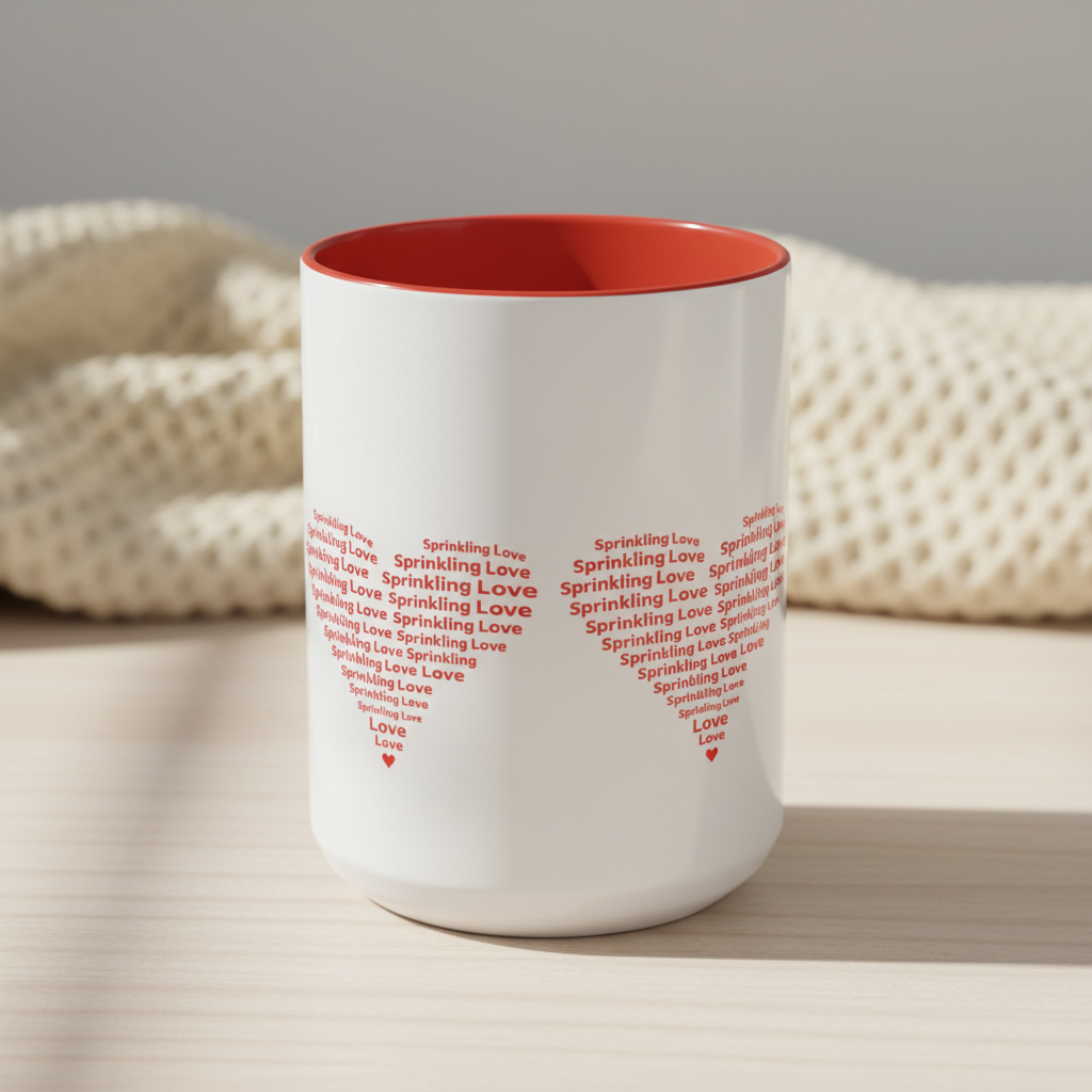 Close-up of red Sprinkling Love mug showing heart design