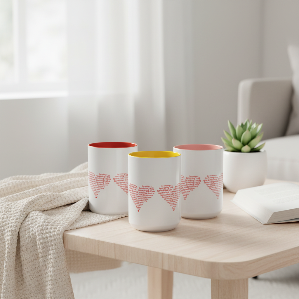 Coffee table scene with red, yellow, and pink Sprinkling Love mugs