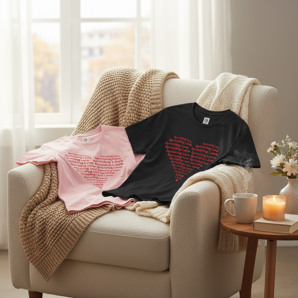 Cozy armchair scene with pink, black, and white tees