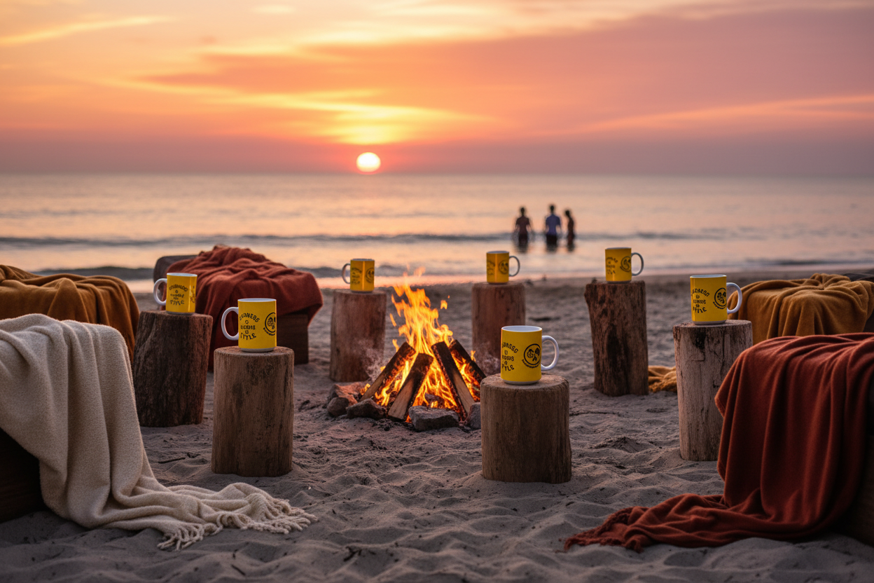 Cozy beach bonfire scene with Kindness mugs, chairs and blankets