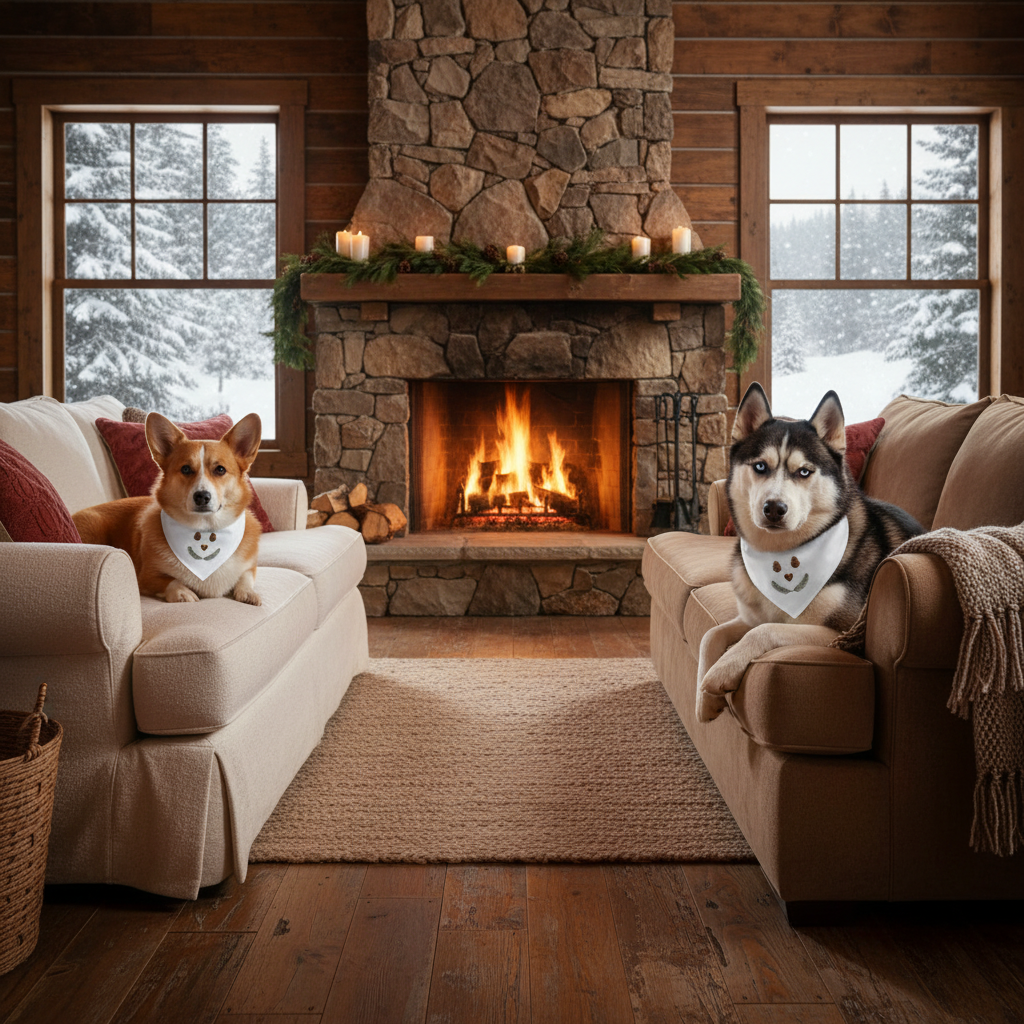 Cozy cabin Corgi and heterochromia husky bandana mockup