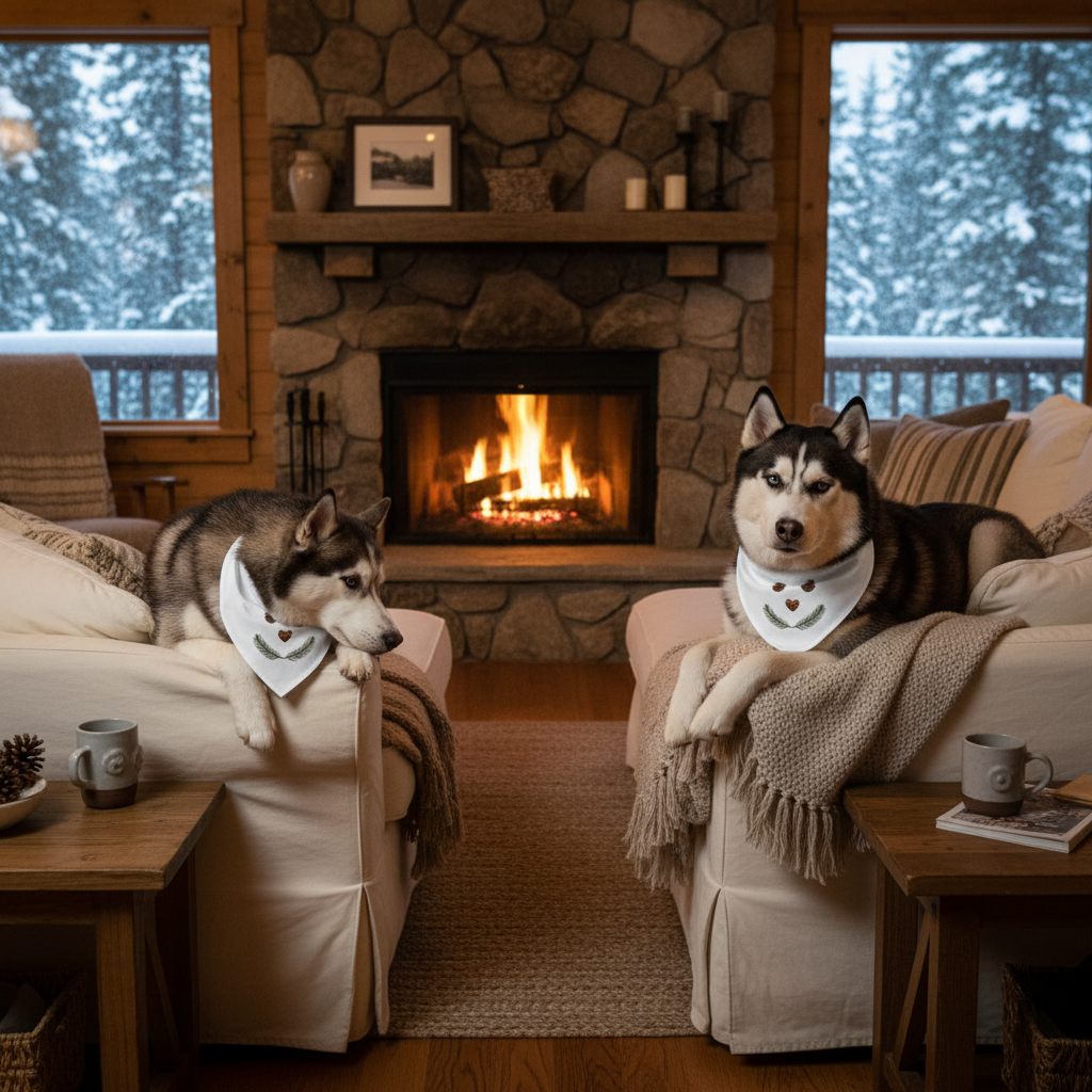 Cozy cabin husky bandana mockup