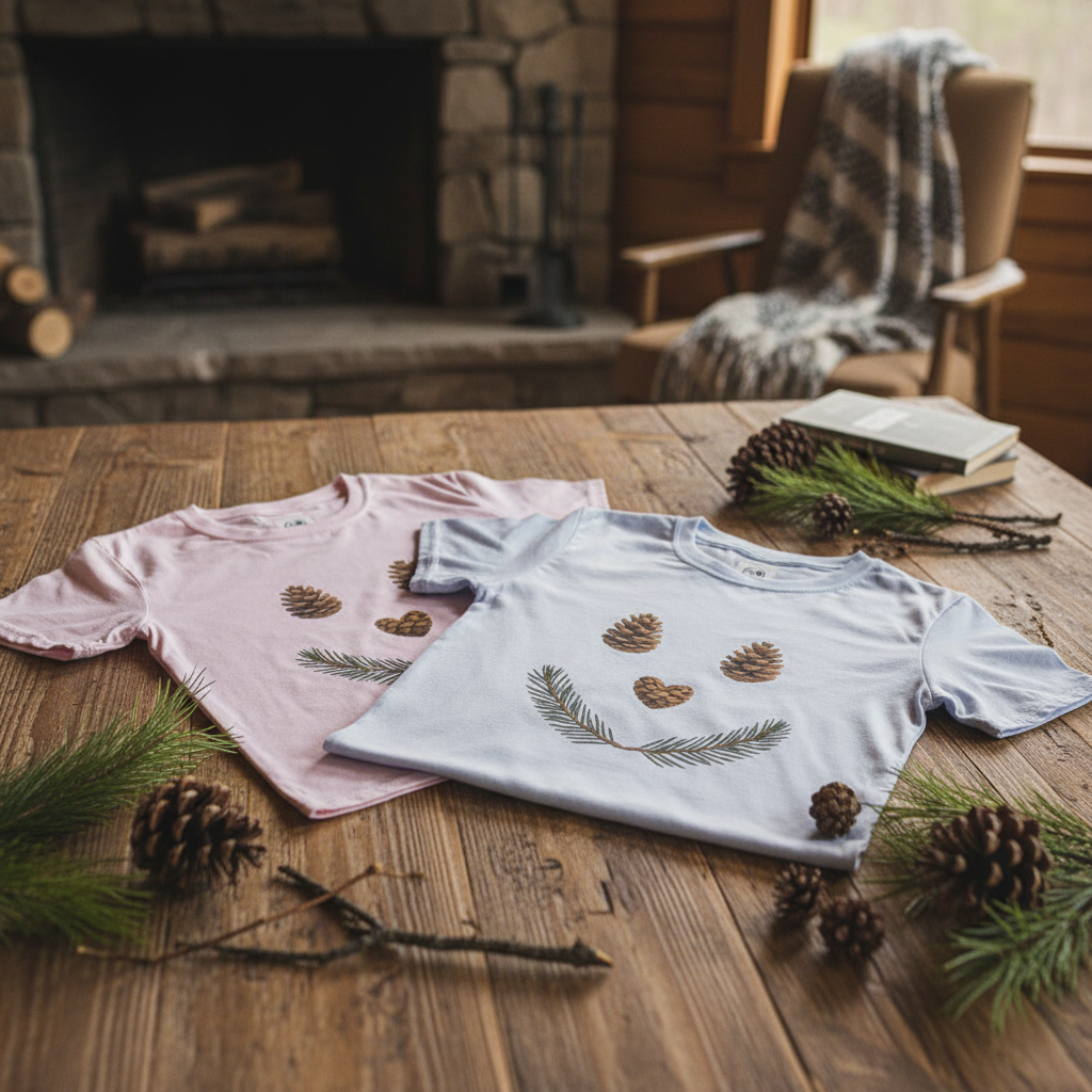 Cozy cabin lifestyle mockup with infant tees and pine props
