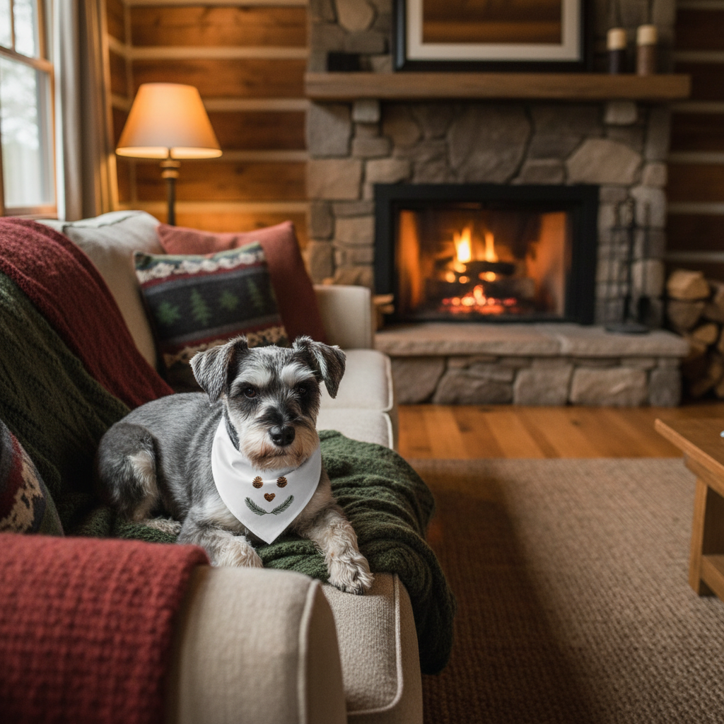 Cozy cabin mockup with bandana and Schnauzer