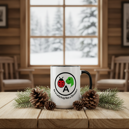Cozy cabin mug mockup with snow and pine props