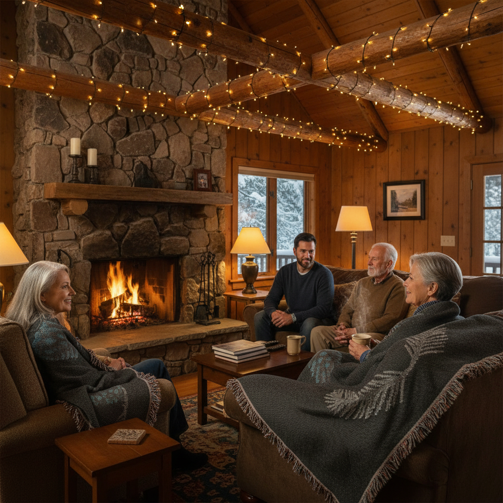 Cozy cabin scene with blanket backside