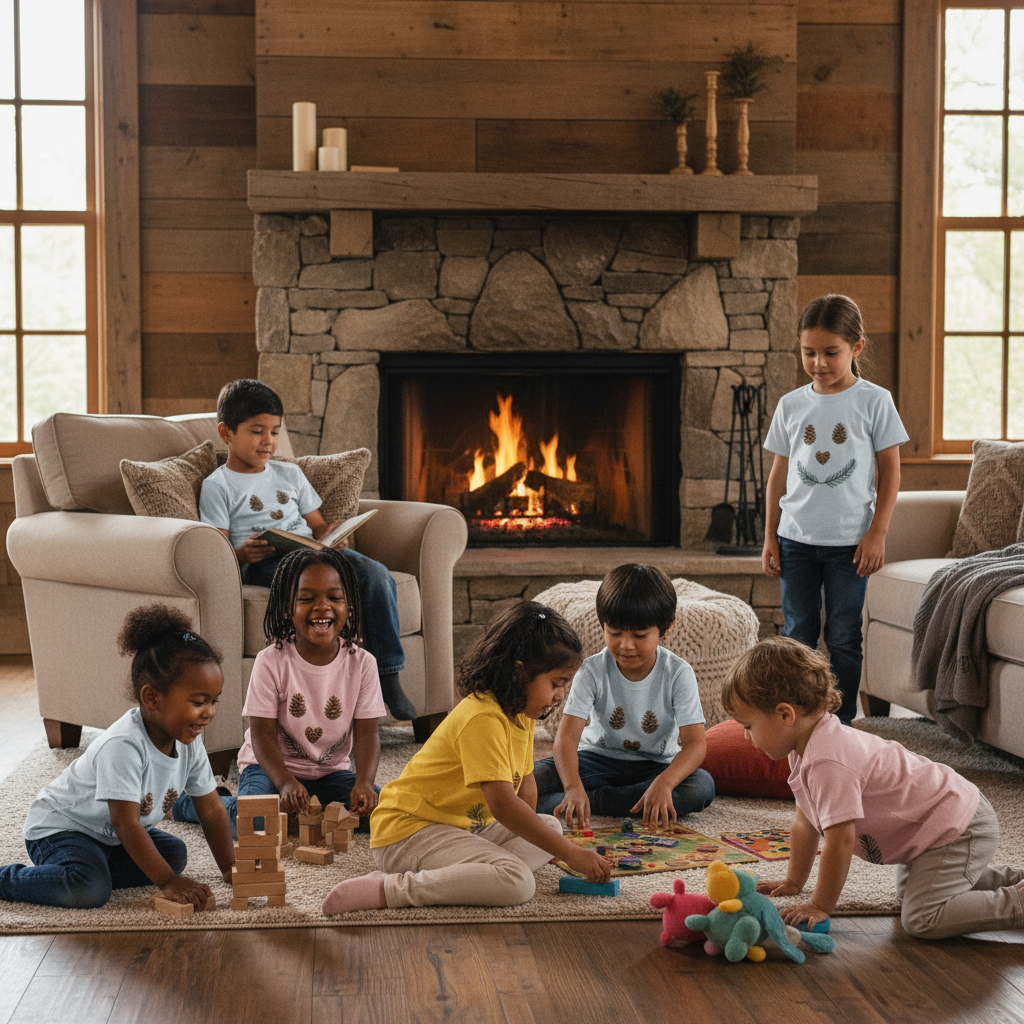 Cozy cabin scene with diverse children wearing pinecone smiley face t-shirts