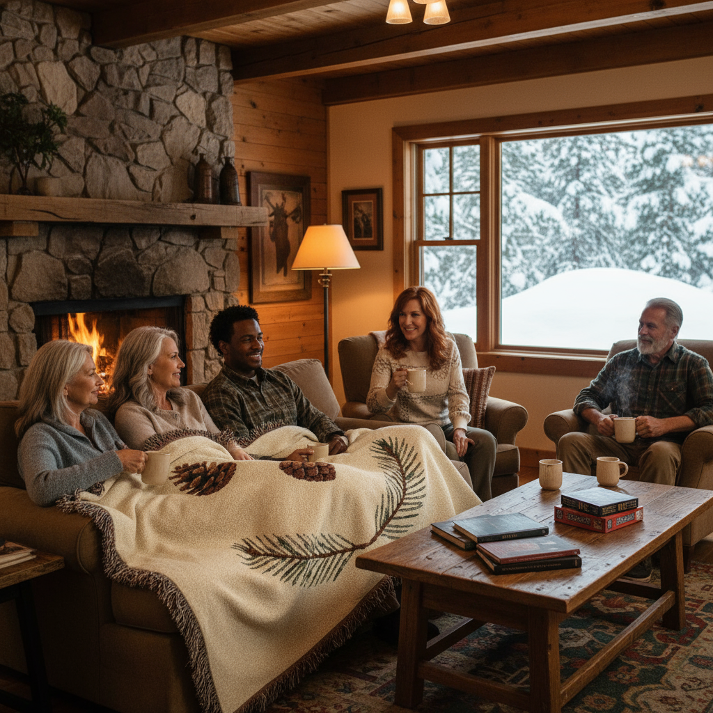 Cozy cabin scene with mature adults and blanket