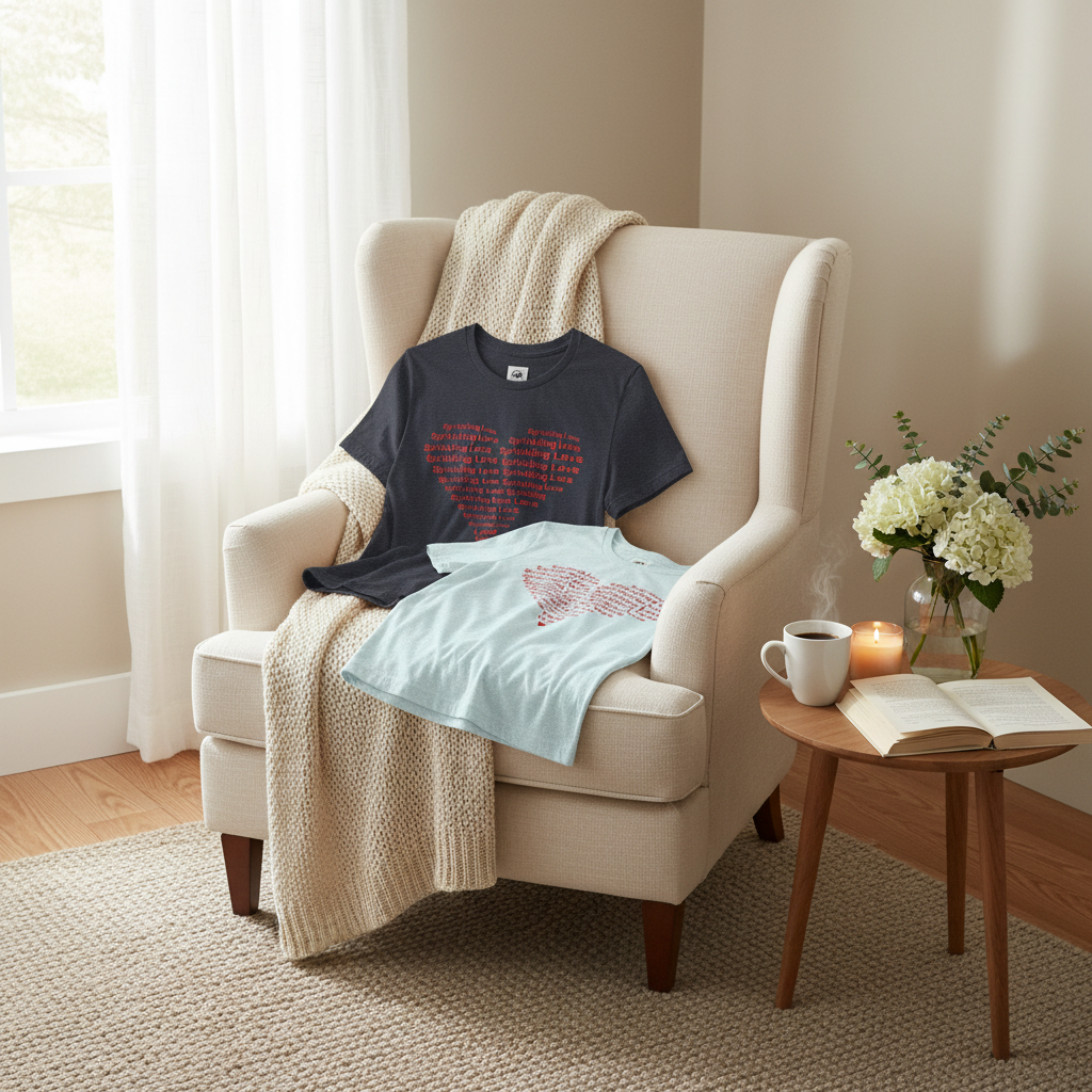 Cozy setting with charcoal and light blue tees