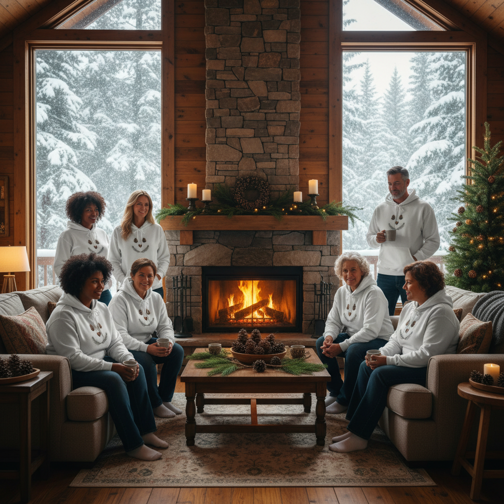 Cozy winter cabin scene with diverse adults