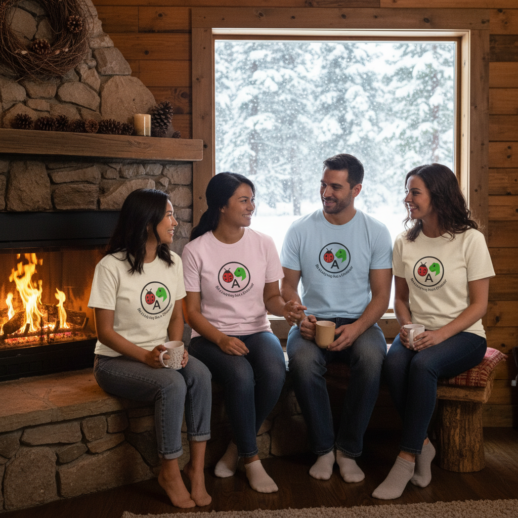 Diverse adults wearing logo tees by fireplace with snow
