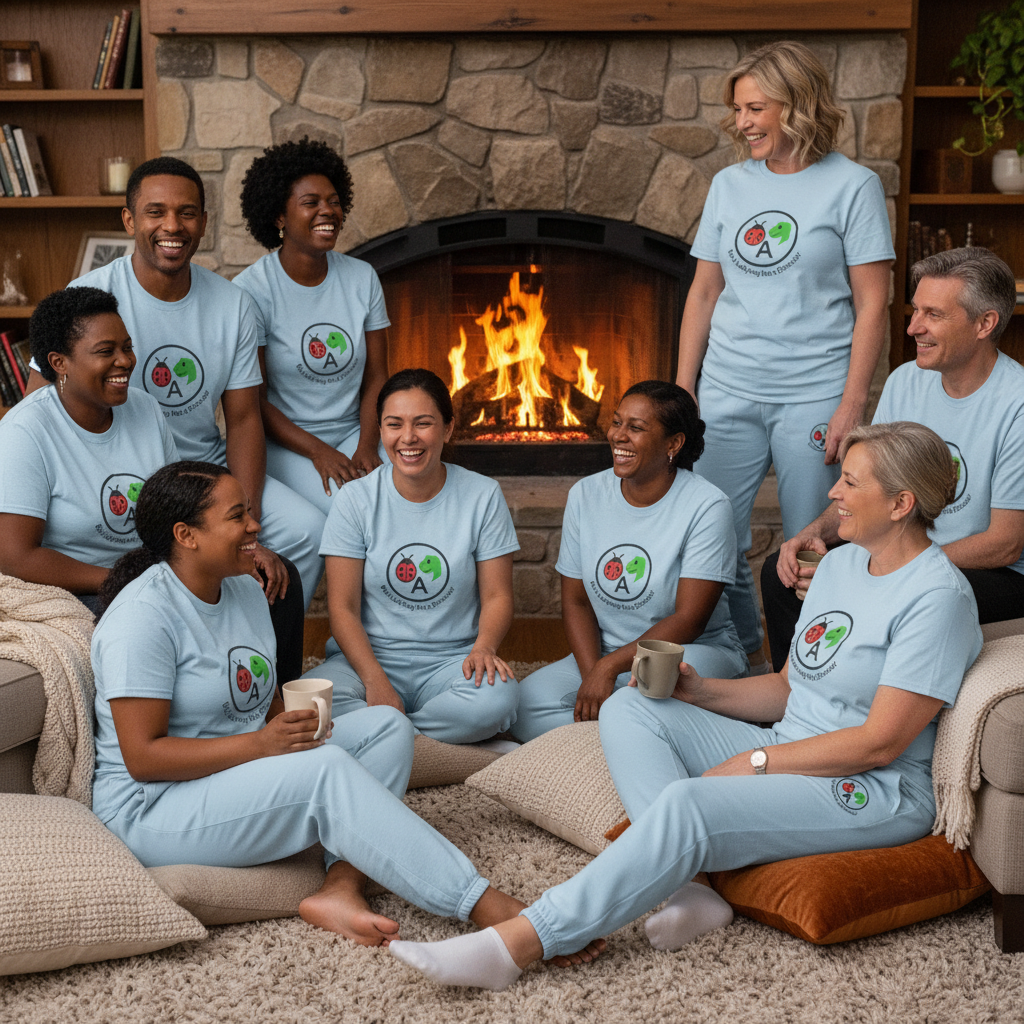 Diverse community by fireplace in light blue loungewear