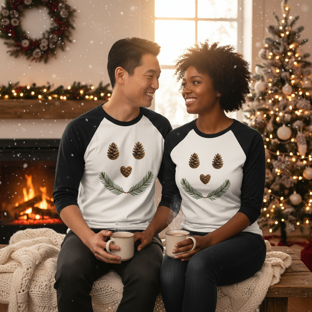 Diverse couple wearing black sleeve winter tees