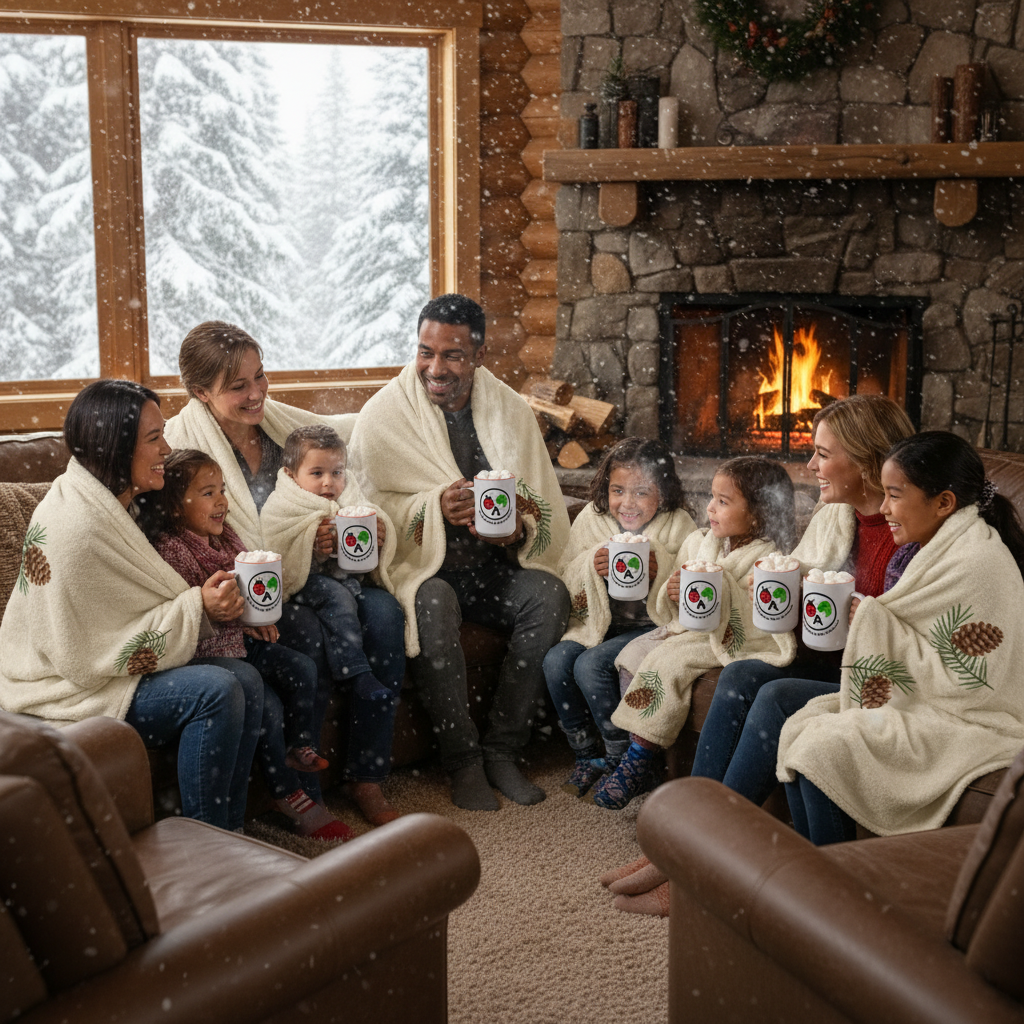 Diverse families enjoying hot chocolate in mugs by fireplace
