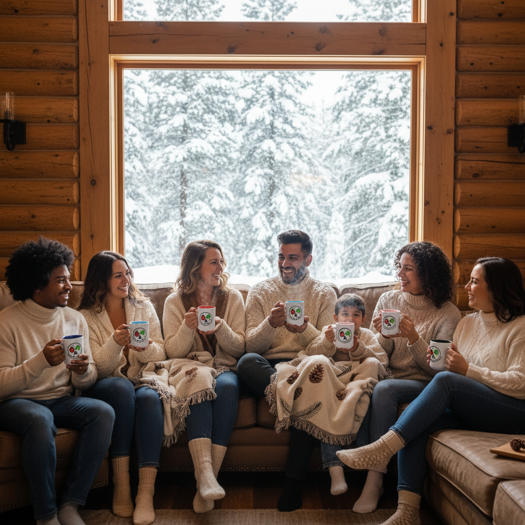 Diverse group enjoying mugs and blankets in cozy cabin