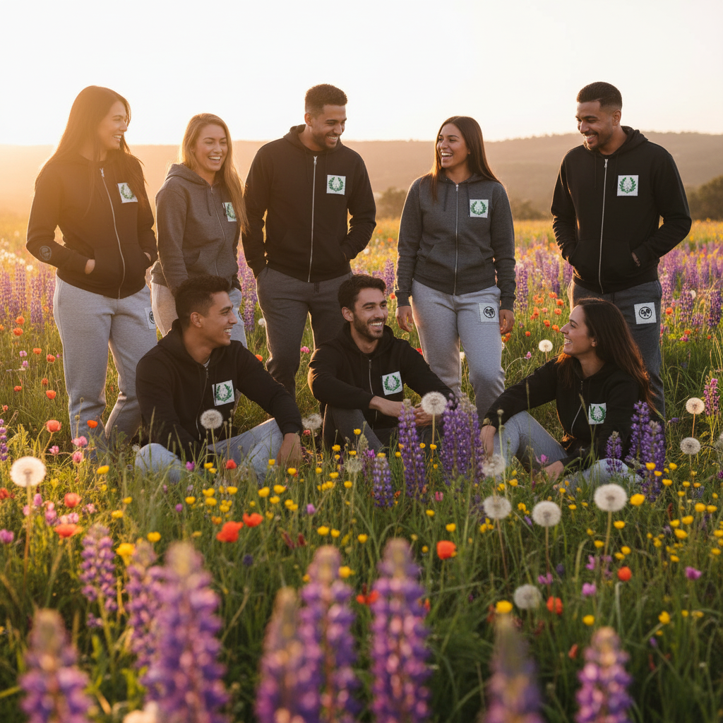 Diverse group in meadow wearing sweatpants and hoodie