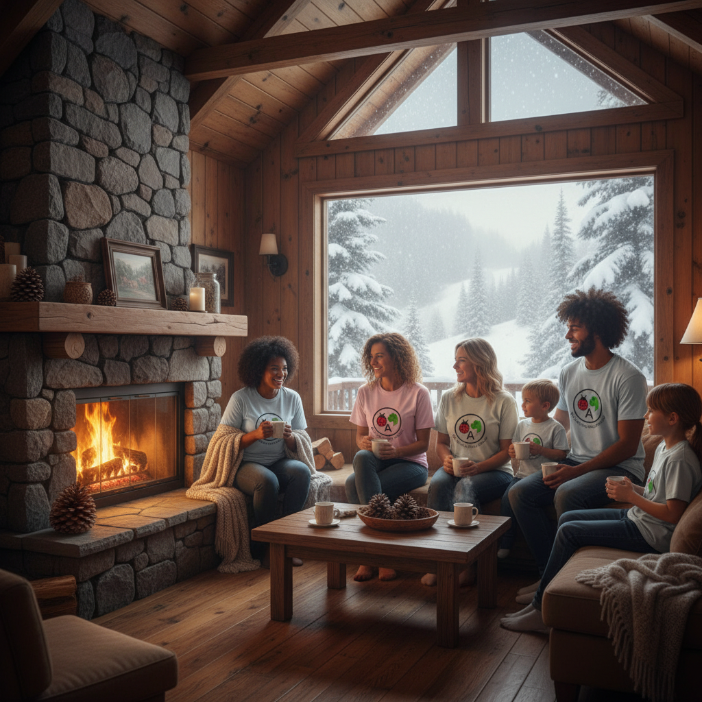Diverse group wearing logo tees by fireplace with snowy window