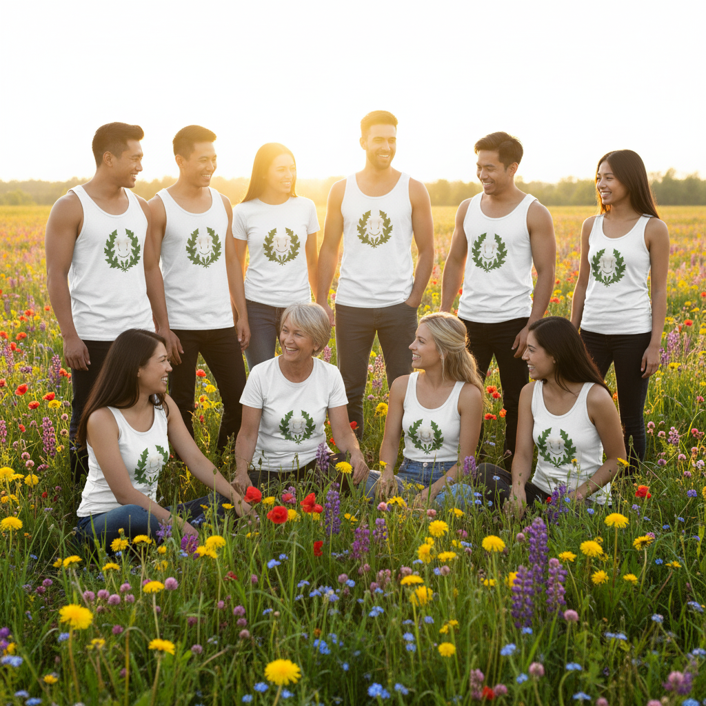 Diverse group wearing tank tops in meadow