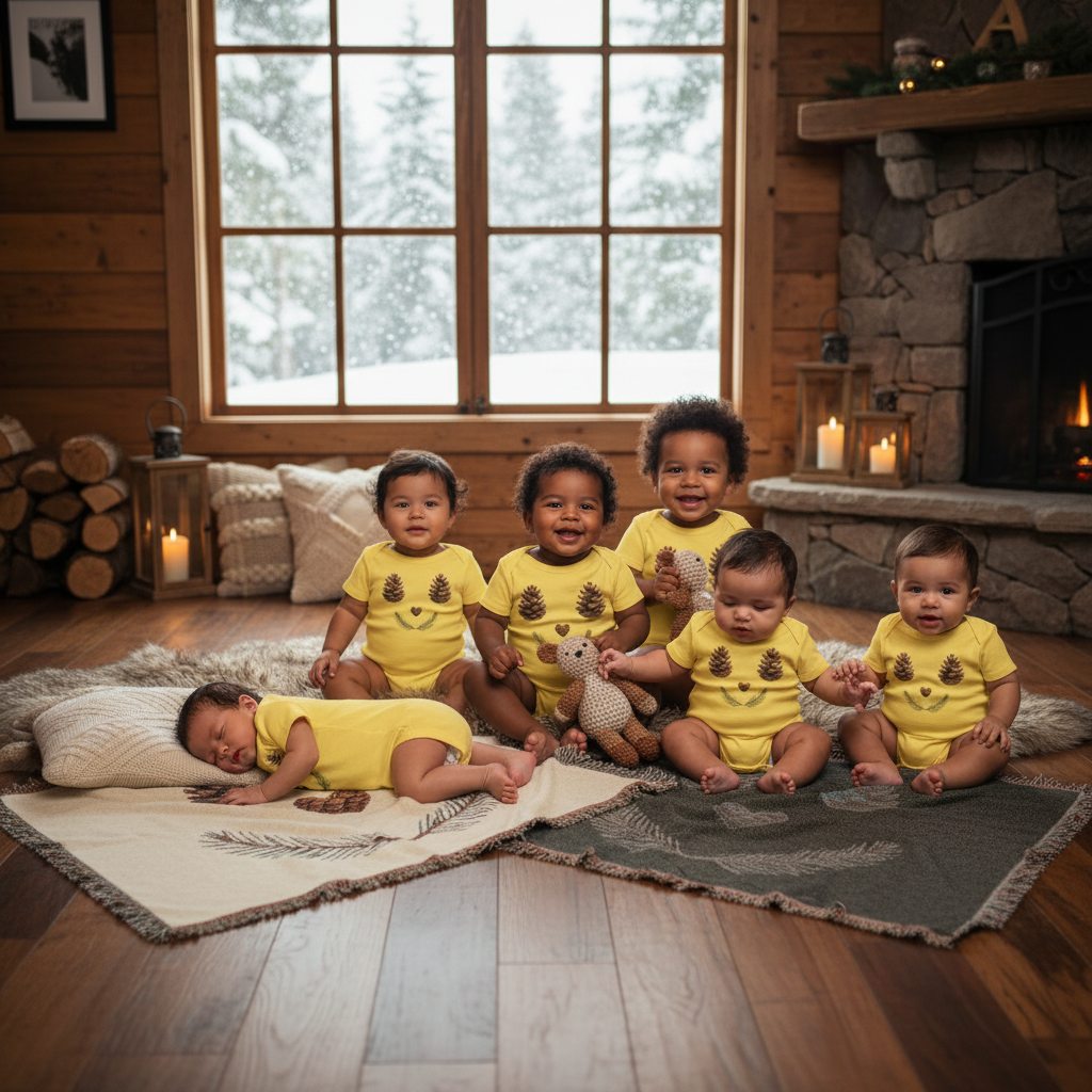 Diverse twins cabin mockup with onesies and blankets