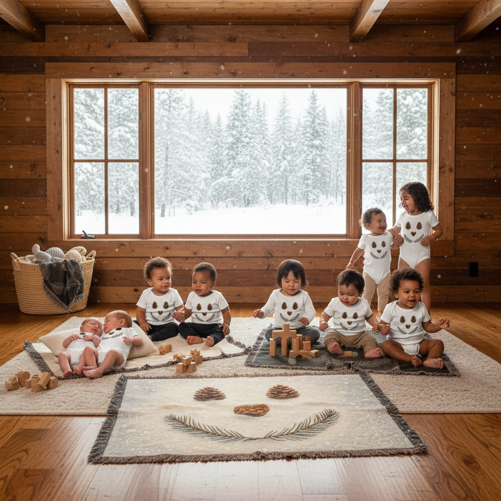 Diverse twins white onesies cabin mockup variation
