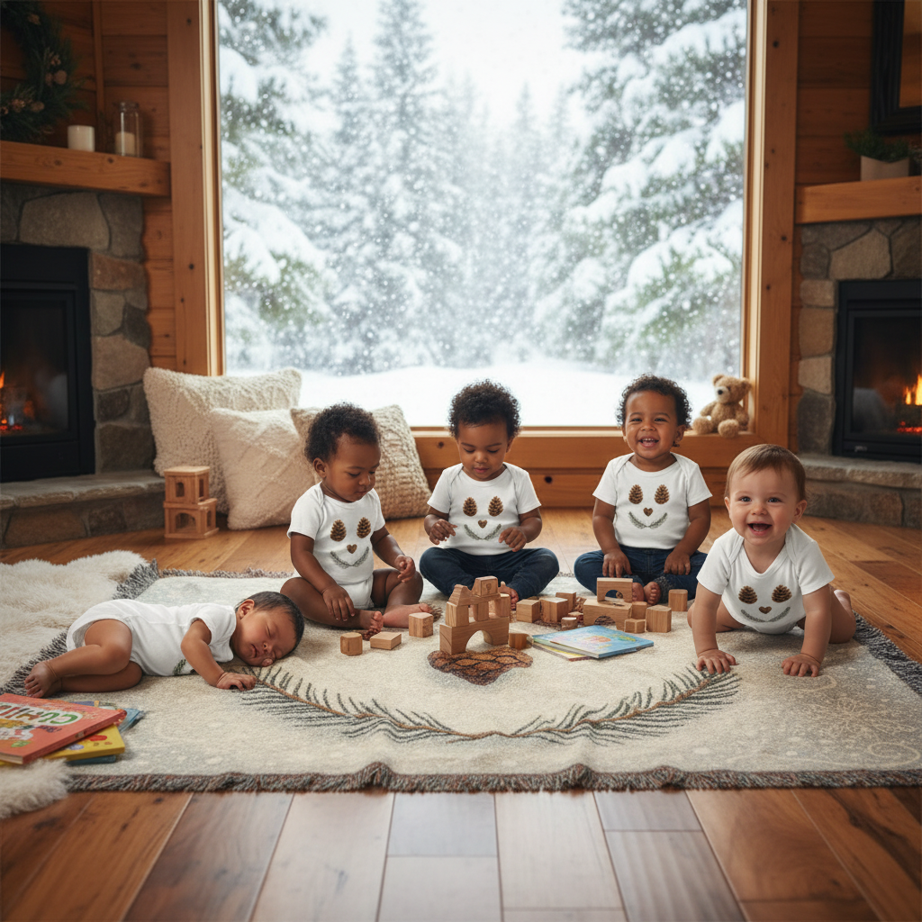 Diverse twins white onesies with blankets cabin scene