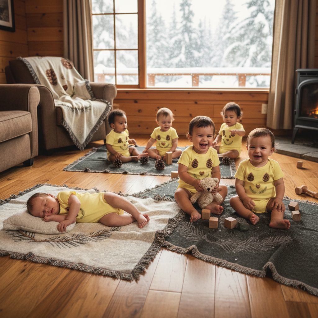 Diverse twins yellow onesies with blankets cabin scene