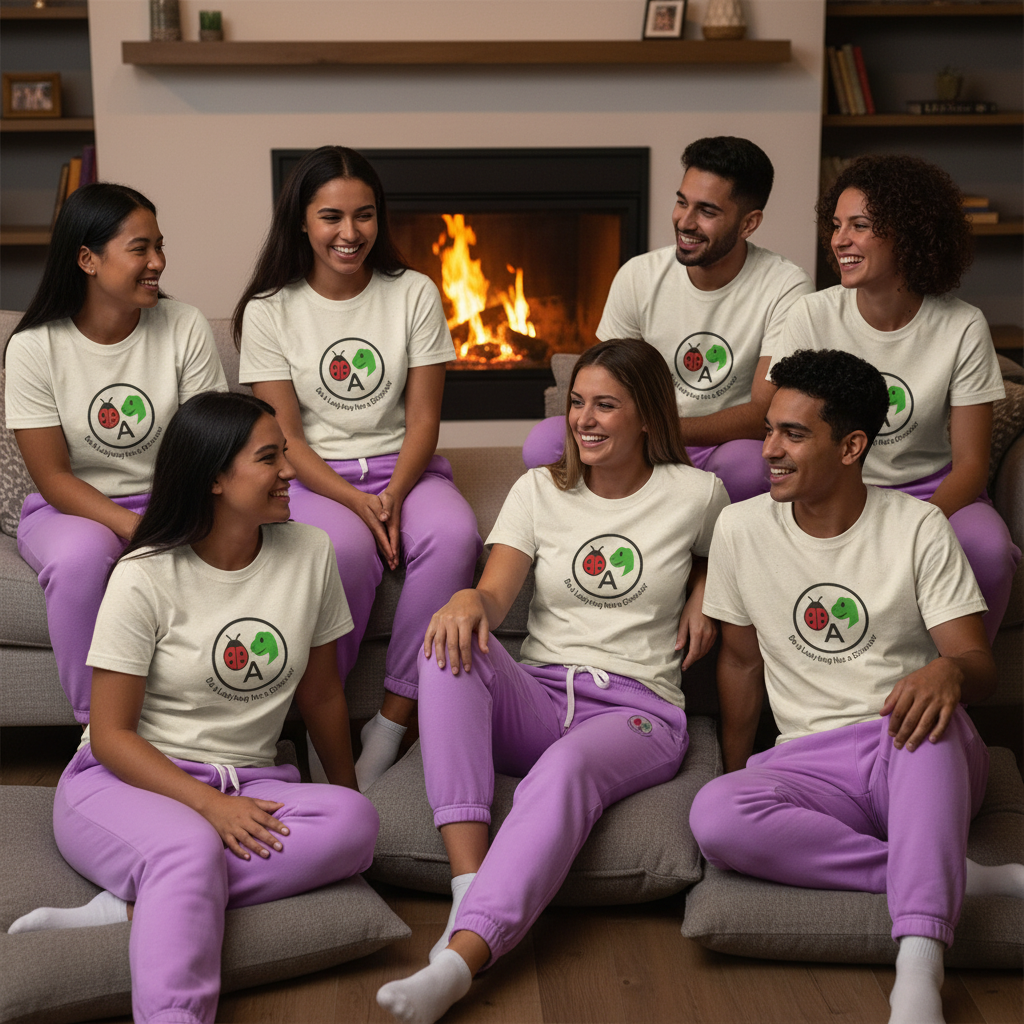 Diverse young adults 18-40 by fireplace in purple and cream loungewear