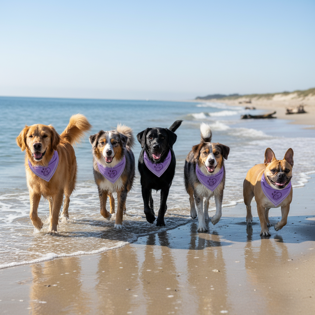 Dogs walking by water with bandanas