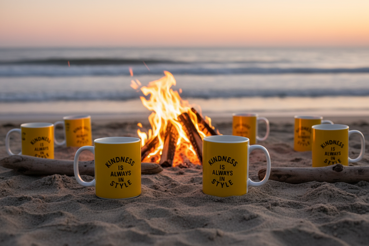 Elegant beach bonfire scene with Kindness mugs