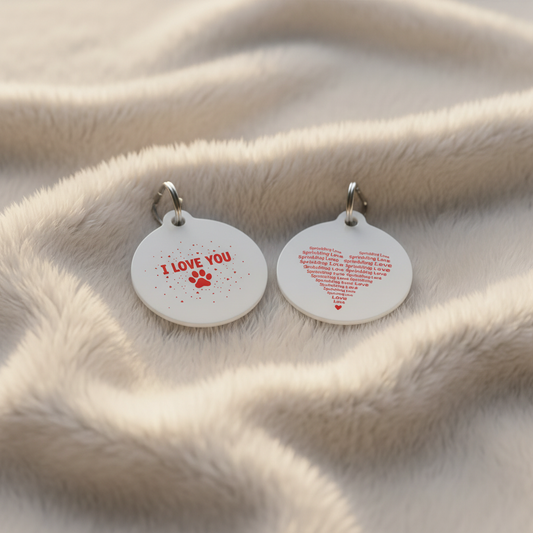 Elegant dog tags on fluffy blanket featuring hearts